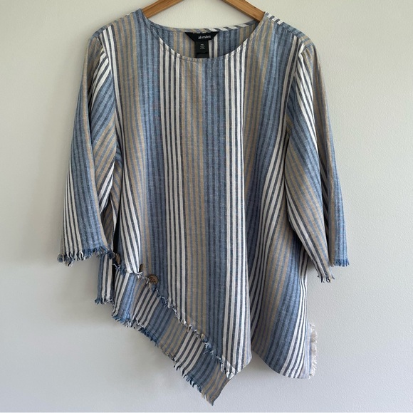 Ali Miles Asymmetrical Linen Blend Tunic Blouse Blue/Tan Striped Size PXL - Picture 1 of 11